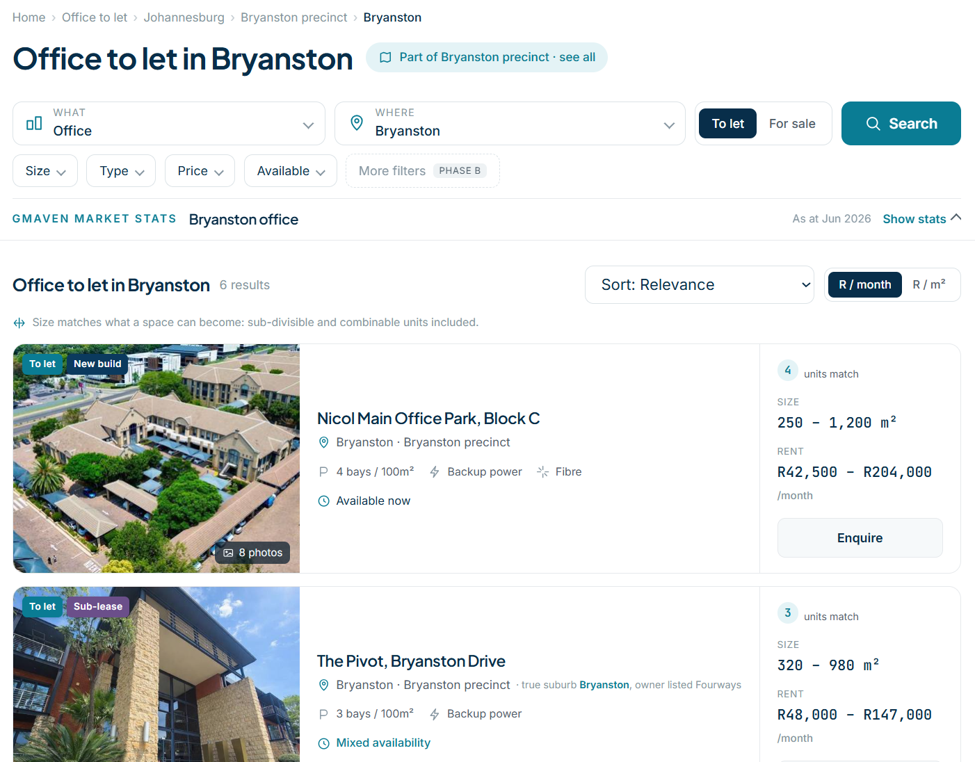 Preview of the full Find space search: results for offices to let in Bryanston, with a search bar, filters, market statistics and property listings