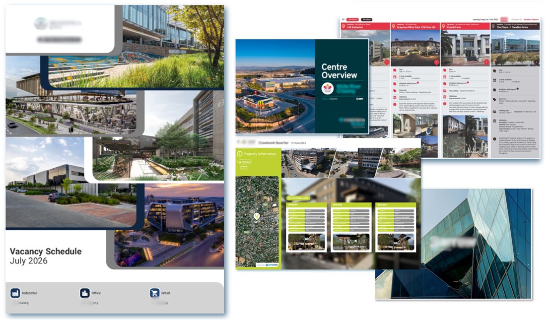 Documents generated by Gmaven: a vacancy schedule cover, a centre overview brochure, a leasing long list of several properties, and a property information sheet with its available units.