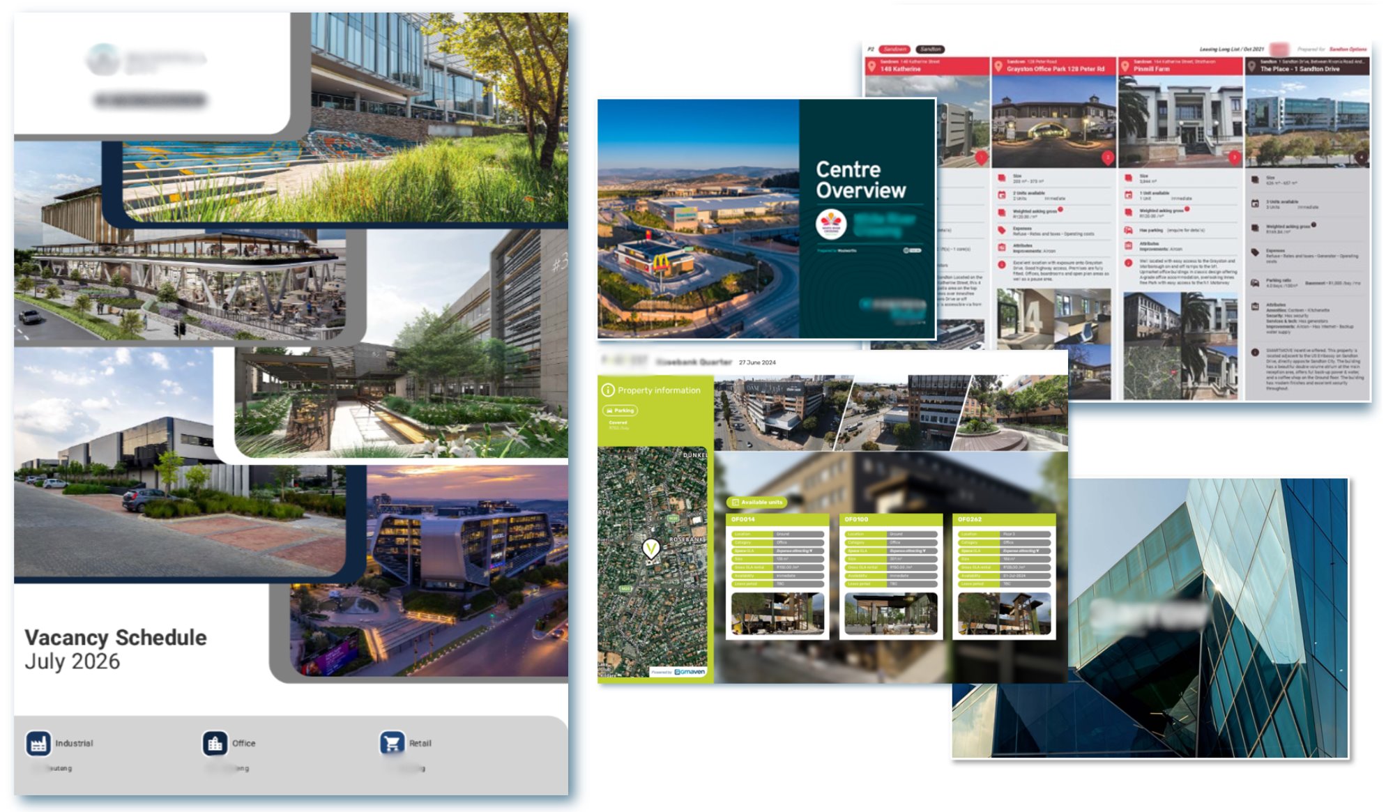 A spread of documents generated by Gmaven: a vacancy schedule cover, a centre overview brochure, a leasing long list showing several properties side by side, and a property information sheet with a map and its available units.