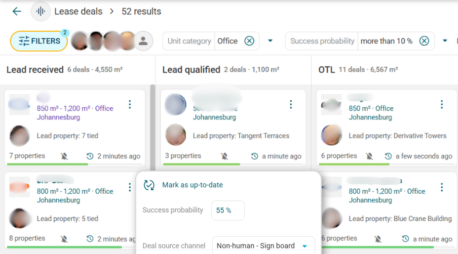 A Gmaven deal board with its filter bar: filters for unit category and success probability above deals in the lead received and lead qualified stages.