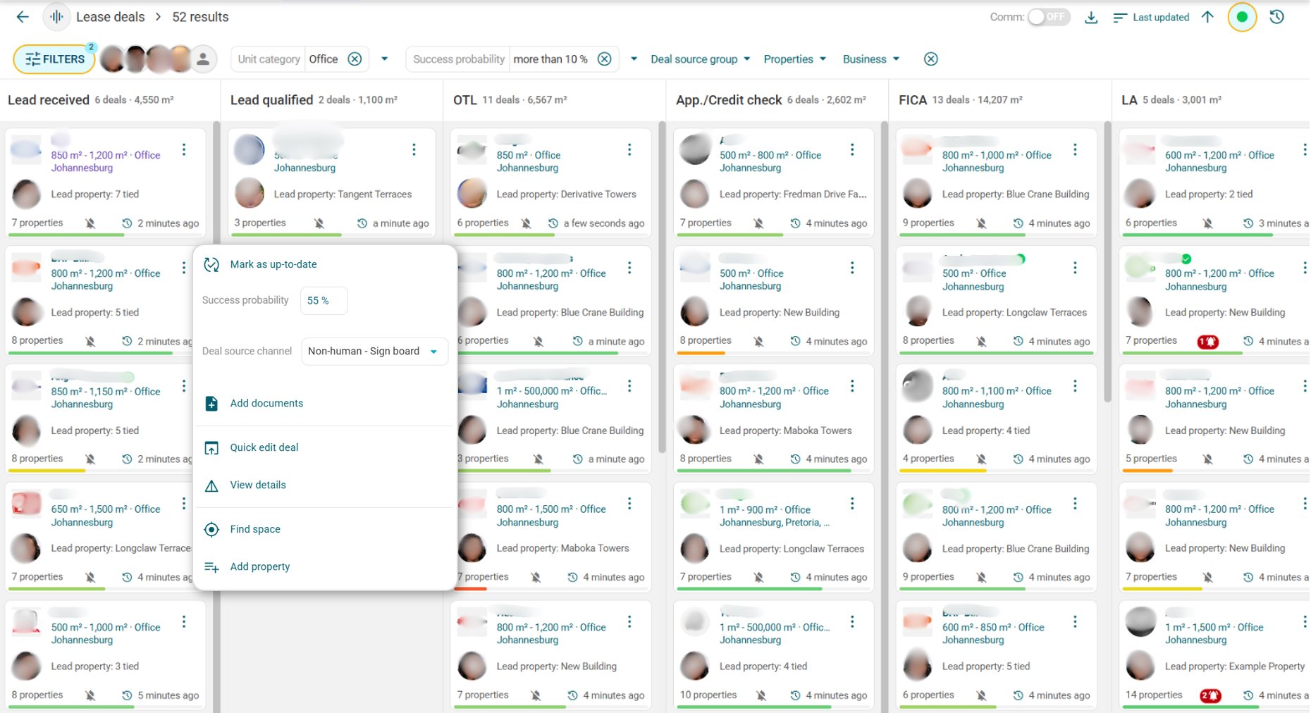 A Gmaven deal board in full: filters across the top, six columns from lead received to lease agreement, and a deal's quick actions menu open showing mark as up-to-date, success probability, deal source channel, documents and find space.